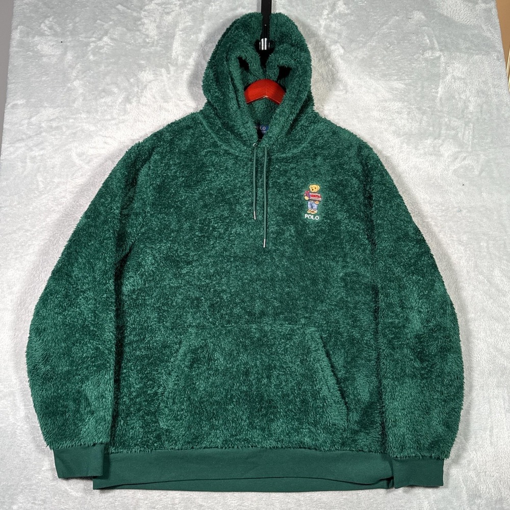 Polo Ralph Lauren Hoodie Mens XXL Green Bear Fleece Sherpa Sweatshirt - Picture 2 of 9